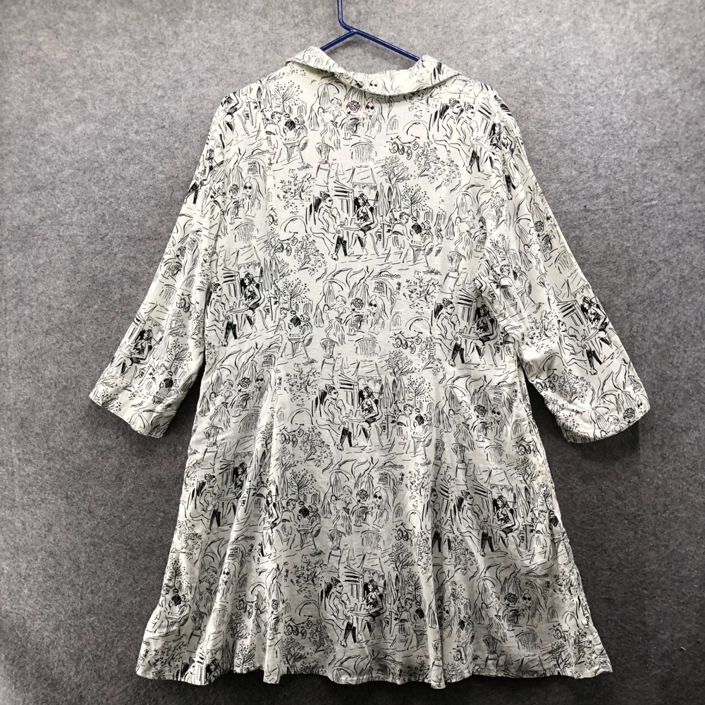 Isaac Mizrahi Toile Shirt Dress Womens XL White Black Cafe Print Linen Blend - Picture 2 of 9